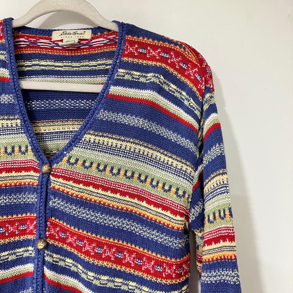 Eddie Bauer Cardigan Sweater Womens M Blue Multi Fair Isle Linen Cotton Knit